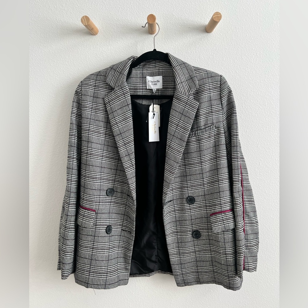 Gray Plaid Double-Breasted Blazer